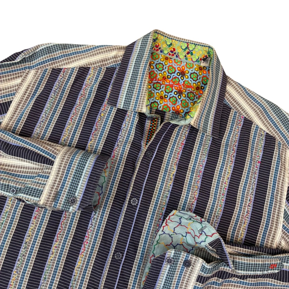 Robert Graham Shirt Men XL Blue Multi Stripe Embroidered Button Down Long Sleeve